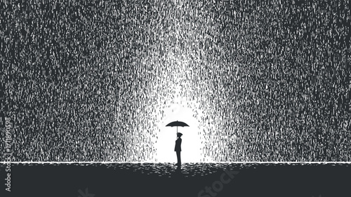 A solitary figure holding an umbrella stands in the rain against a dramatic backdrop.