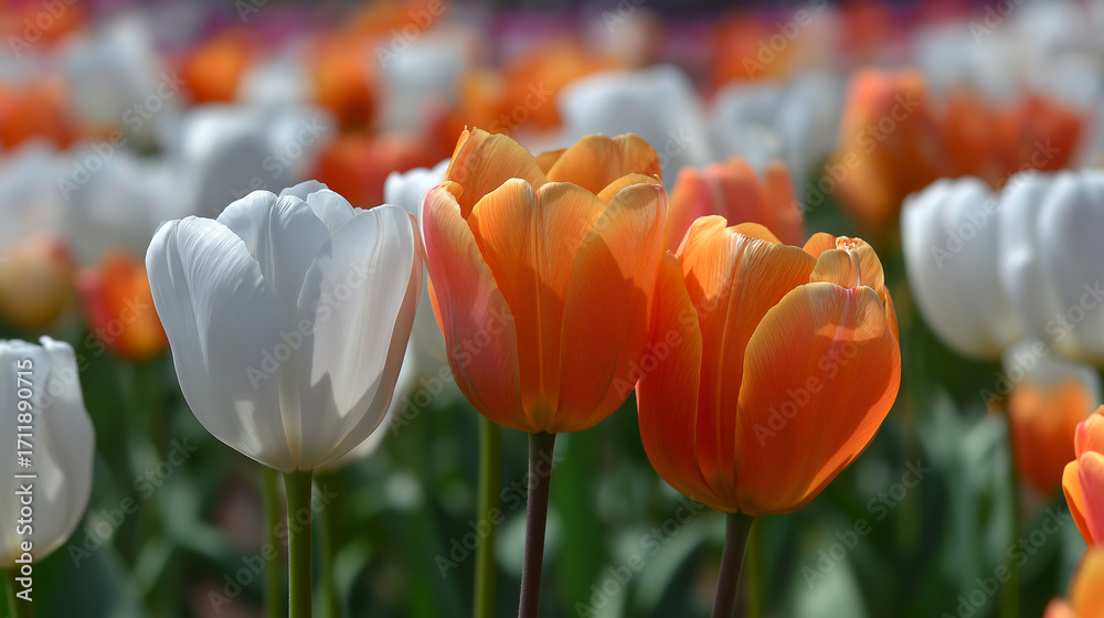 Obraz premium Close-up photo of orange and white tulips with a vivid blue tulip in a field. Bright and realistic