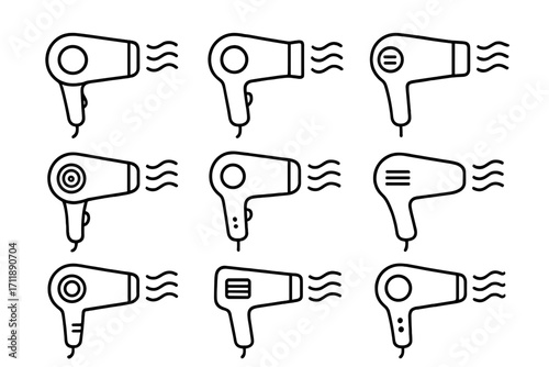 Hair dryer icon set. Simple linear pictogram collection for web and graphic design. Minimalist outline blow dryer symbols for apps and websites. Vector hairdressing tool.