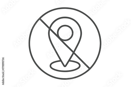 Map pin prohibited line icon. No location, banned area, restricted access vector sign. GPS navigation error symbol. Geolocation forbidden mark. Destination not found.