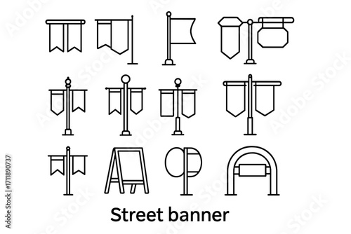 Street banner line icon set. Vector collection of flags, signs, and pennants. Outline symbols for advertising, events, and promotion. City decoration and marketing graphics.