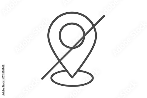 No location icon. Map pin prohibited symbol. Thin line vector for forbidden area or restricted access. GPS navigation error, wrong destination, or no entry sign.