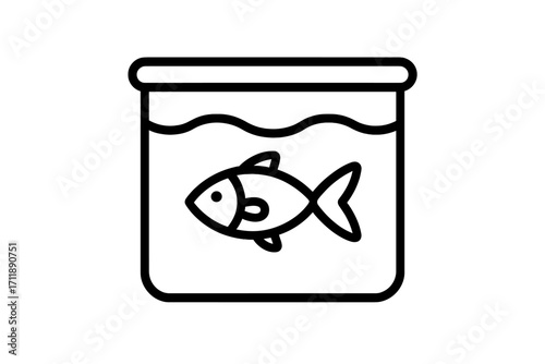 Canned fish linear icon, tinned seafood symbol. Preserved food in can. Fish in container, jar, or aquarium. Outline pictogram for grocery store, fishery, pet shop. Vector.