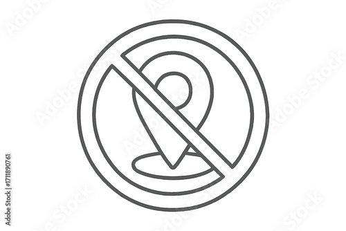 No location, map pin prohibited sign. Restricted area, access denied. GPS navigation forbidden. Location tracking banned. Do not enter symbol. No entry vector icon.