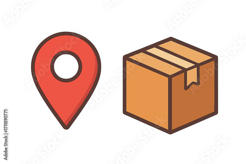 Map pin and package box vector icon. Delivery location, order tracking, and shipping logistics concept. Geolocation marker for parcel destination, address point, and freight.