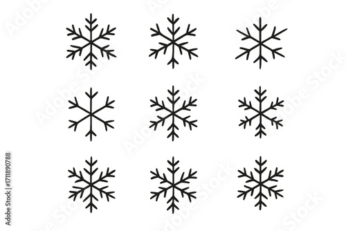 Snowflakes simple isolated line icons collection. Winter weather symbol set. Christmas holiday decoration elements. Cold snow frost crystal shapes. Vector cartoon illustration.