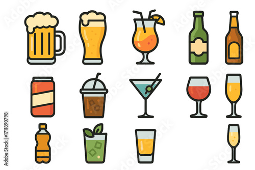 Drinks and beverages icon set. Vector illustration pack of alcohol and soft drinks icons. Beer, wine, cocktail, soda, juice, martini, champagne for bar menu, party, web.