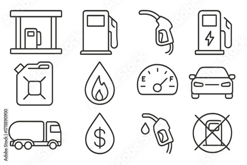 Gas station line icon set. Fuel pump, petrol, diesel, EV charging symbols. Fuel gauge, price, tanker truck, car pictogram collection. Energy industry minimal vector graphics.