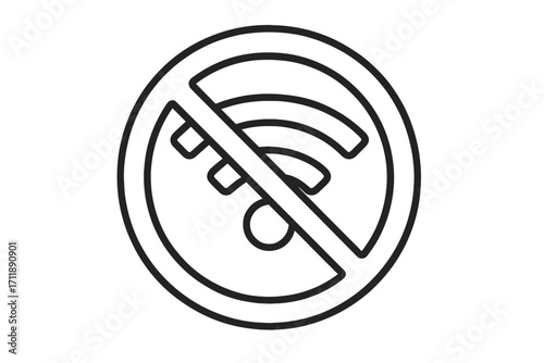 No wifi sign. Outline vector icon. Symbol of unavailable internet, connection error, offline mode, network failure, no signal. Wifi access prohibited or restricted zone.