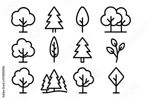 Tree and forest line icon set. Collection of simple outline style icons. Pine, fir, deciduous trees, leaf symbol. Nature, park, wood, eco sign for web and apps. Vector.