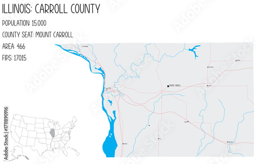 Large and detailed map of Carroll County in Illinois, USA.