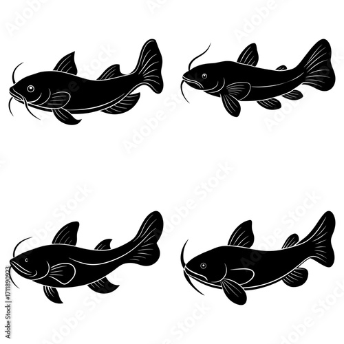 Four black silhouette catfish swimming in different directions on a white background design vector