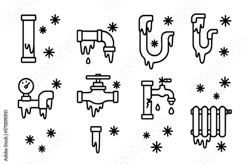 Frozen pipes line icon set. Plumbing winter problems. Burst pipe, water leak, and ice damage concept. Broken pipeline, frozen faucet, cold radiator. Emergency repair icons.