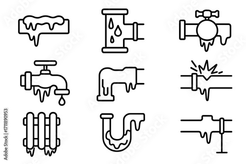 Frozen pipes line icon set. Winter plumbing problems, burst pipe, ice damage, leak, frozen faucet and radiator symbols. Outline vector signs for graphic design and web.