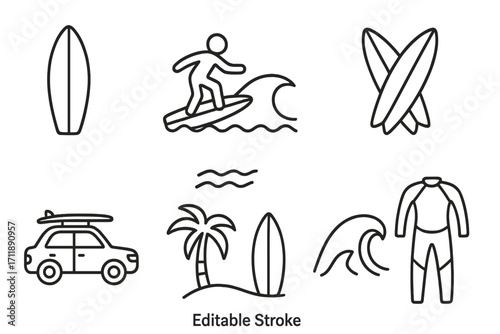 Surfing line icon set. Editable stroke vector graphic. Contains surfboard, wave, surfer, wetsuit, and beach travel concepts. Perfect for web, apps, and water sports design.