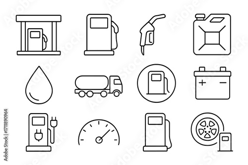Gas station & car service line icon set. Fuel pump, gasoline, diesel & oil concepts. Electric vehicle charging station, car battery & automotive maintenance pictograms. Editable stroke vector.