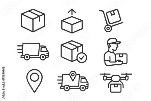 Shipping and delivery service line icons. Logistics process, transportation and e-commerce vector symbols. Package, truck, order tracking, courier and drone delivery pictograms.
