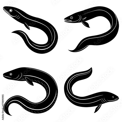Four stylized black eels in various curved poses on a white background in a vector illustration