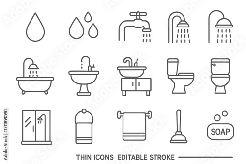 Bathroom and plumbing thin line icon set. Vector symbols for water, shower, toilet, sink, and hygiene. Editable stroke pictogram collection for web design and apps.