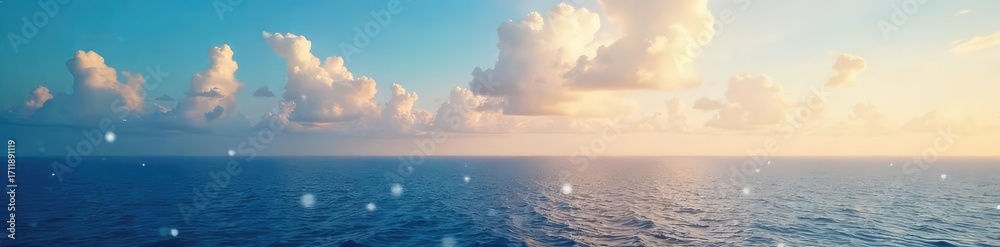 Fototapeta premium Vast, endless sky meets tranquil ocean at the horizon; a serene landscape capturing the meeting point of earth and atmosphere Perfect for travel, nature, or serenity themes , serenity, open