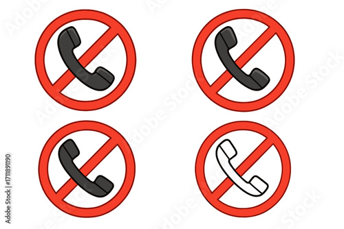 No phone calls sign. Telephone prohibited icon set. Forbidden handset symbol. Quiet zone warning. Do not talk. Silence please rule. Vector cartoon illustration for mobile off area.