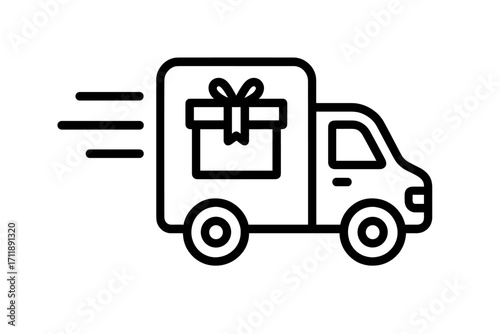 Fast delivery truck icon, express shipping service. Van with gift box for e-commerce and online shopping. Logistics and transport concept. Quick courier delivery of a package.