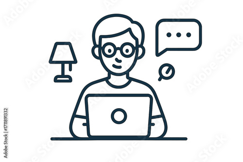 Remote worker icon. Man with glasses at desk with laptop. Freelancer working online from home. Concept of communication, chat, search, programming. Vector outline style.