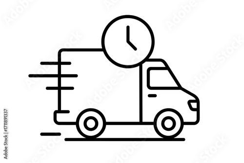 Fast delivery truck icon. Express shipping service symbol. Logistics and transportation concept for e-commerce. Quick delivery van with a clock. On-time freight. Line art vector.