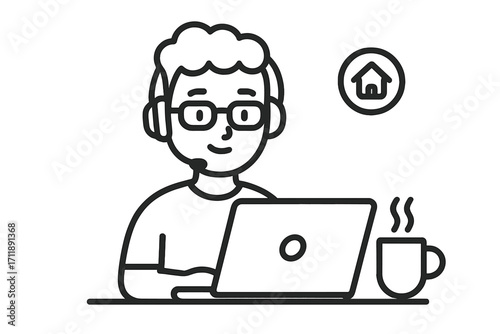 Remote worker or freelancer man with headset working on laptop from home. Call center, customer service, or online support agent icon. Home office concept vector illustration.