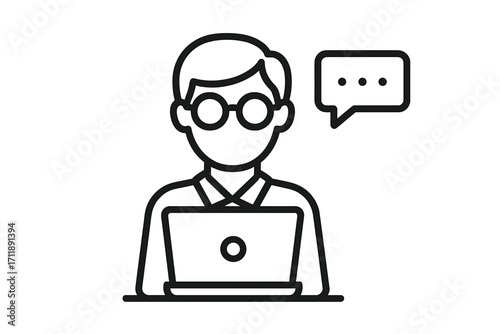 Remote worker icon. Freelancer with laptop. Man working online from home. Office employee, programmer, developer, designer, support. Business communication chat symbol.