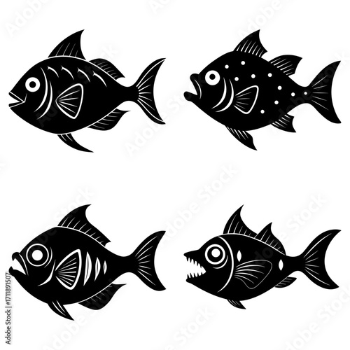 Four stylized black fish illustrations with varying patterns and fin designs on a white background