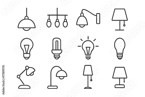 Lamp and lightbulb line icon set. Lighting collection. Chandelier, desk lamp, floor lamp, wall sconce. Pictogram for web design. Idea symbol. Electricity sign. Light.