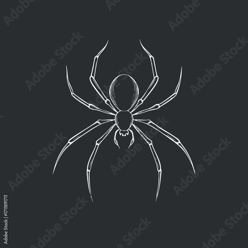 A detailed minimalist illustration of a spider in white outline on a dark background.