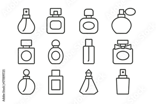 Perfume line icon set. Fragrance bottle collection. Minimal linear vector pictogram for web design. Beauty, cosmetic, and aroma symbols. Eau de parfum and cologne spray signs.