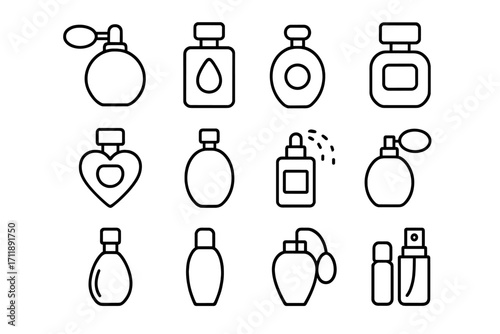 Perfume line icon set. Fragrance and cologne bottles vector collection. Minimalist outline symbols for beauty, cosmetic and fashion. Linear pictograms for web and app design.