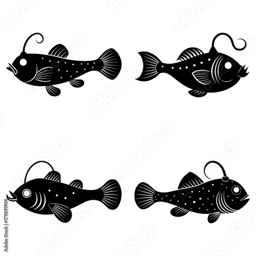 Four stylized black anglerfish with bioluminescent lures in a square arrangement on white background
