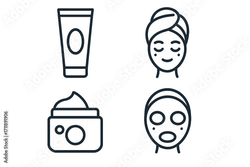 Skincare routine outline icon set. Face mask, cream tube and jar. Self care spa beauty treatment concept. Linear pictogram for cosmetic packaging, web and mobile app design.