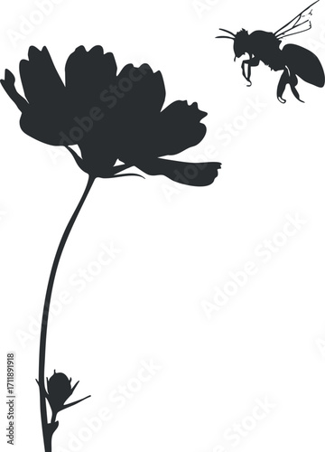 A silhouette of a flower with a bee hovering nearby, symbolizing nature and pollination.