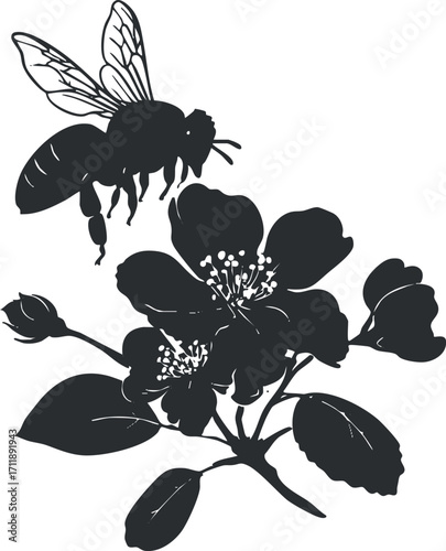 A black silhouette of a bee hovering near a blooming flower against a light background.