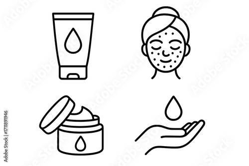 Skincare routine line icon set. Beauty cosmetic product symbols. Face cream jar, lotion tube, acne treatment mask, serum drop on hand. Dermatology vector illustration.