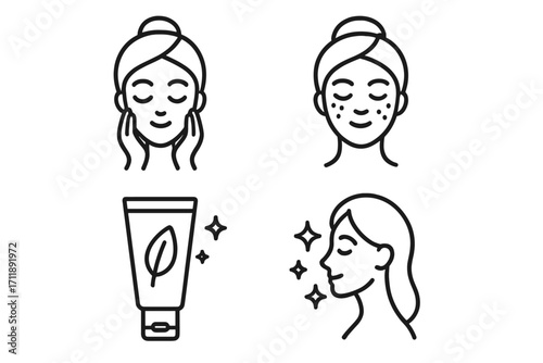 Skincare routine thin line icons. Woman face washing, acne skin problems, and clean glowing effect. Natural cosmetic cream. Dermatology beauty treatment vector symbols set.