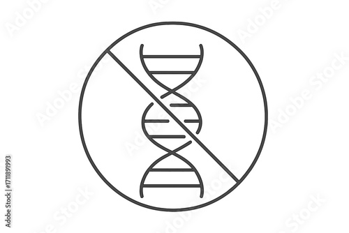 No DNA icon. GMO free symbol. Prohibited genetic modification sign. Genetically modified organism forbidden. Non-GMO food label. Healthy natural organic product. Vector line art.