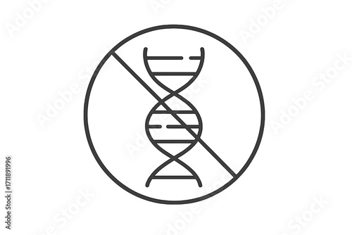 GMO free icon. Non-GMO product label. No genetic engineering symbol. Genetically modified organism prohibited sign. Vector line art illustration for food packaging design.
