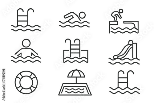 Swimming pool line icon set. Summer vacation and water sports thin linear pictograms. Swim, dive, slide, leisure symbols for web design, apps, and infographics. Vector.