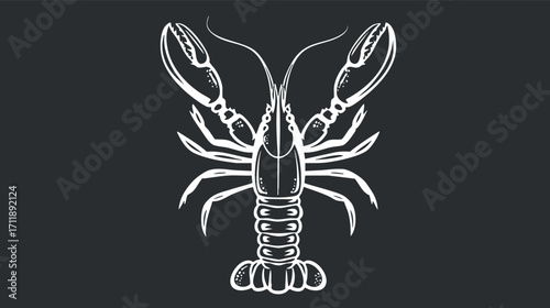 Illustration of a lobster design in black and white on a dark background.