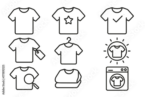 T-shirt line icon set for laundry service, shopping, and apparel care. Includes washing machine, hanger, tag, and folded shirt. Vector symbols for web, apps. Editable stroke.