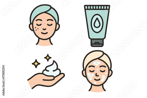 Skincare routine steps icon set. Woman face care, cleansing foam, acne treatment cream, and facial mask application. Vector cartoon illustration for cosmetology and dermatology.