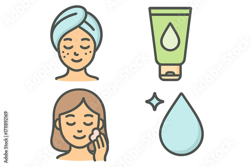 Skincare routine vector icon set. Woman with acne before and after beauty treatment. Face cleansing, applying cream, cosmetic product. Dermatology and cosmetology concept.