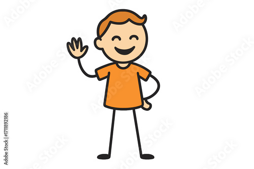 Simple stick figure boy waving hand. Happy child character saying hello or goodbye. Cute kid cartoon vector drawing. Welcome gesture illustration for web, icon, apps, cards.