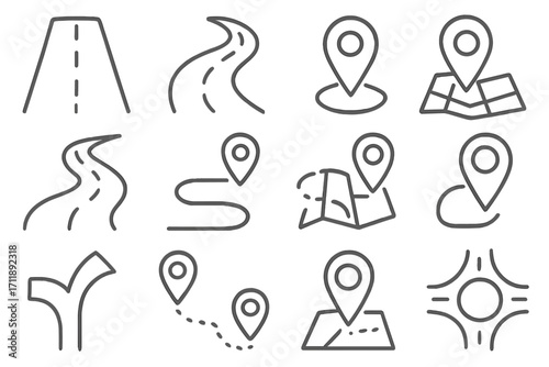 Road and path thin line icon set. Map pin, location marker, route, and destination signs. Navigation and direction outline symbols for GPS, web design, and apps. Vector.